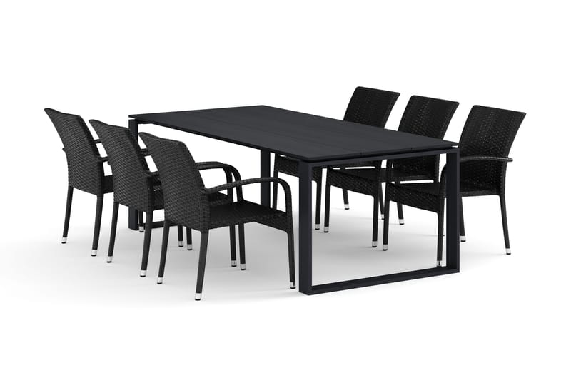 Devon utomhus matgrupp 210x100 cm med 6 Thor Light utefåtöljer, Svart