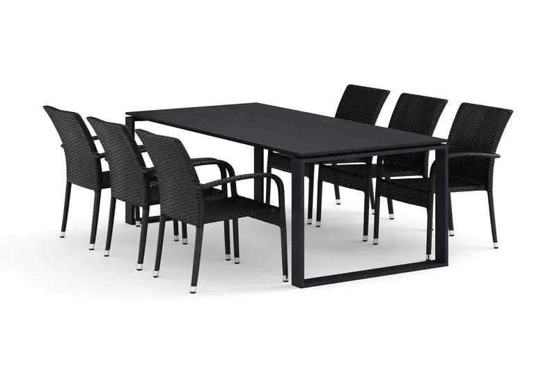 Devon utomhus matgrupp 210x100 cm med 6 Thor Light utefåtöljer, Svart