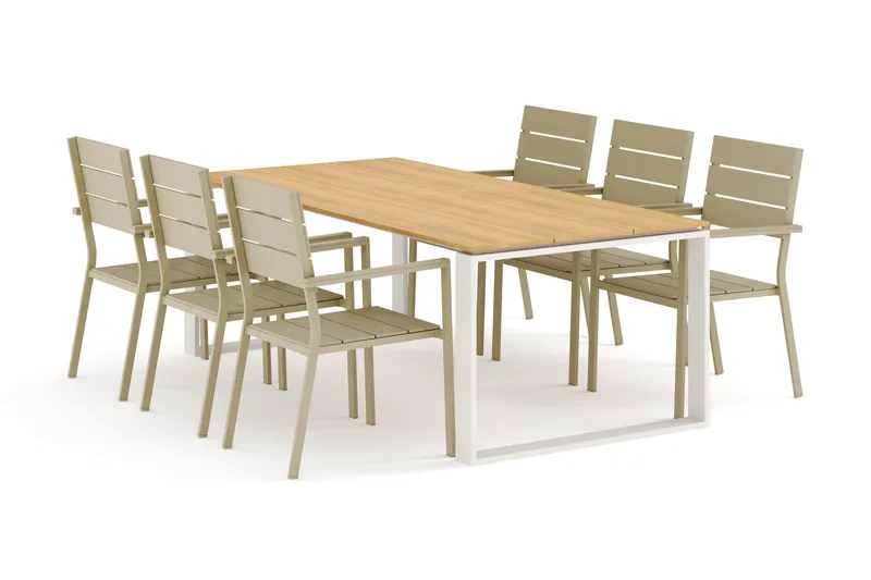 Devon utomhus matgrupp 210x100 cm med 6 Tunis stapelstolar, Beige/Teak
