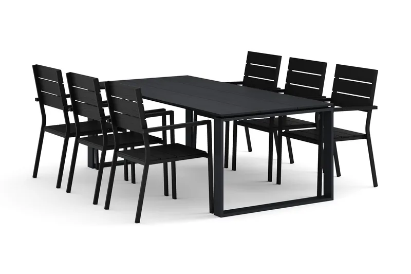 Devon utomhus matgrupp 210x100 cm med 6 Tunis stapelstolar - Svart - Utemöbler - Utegrupp - Matgrupp utomhus