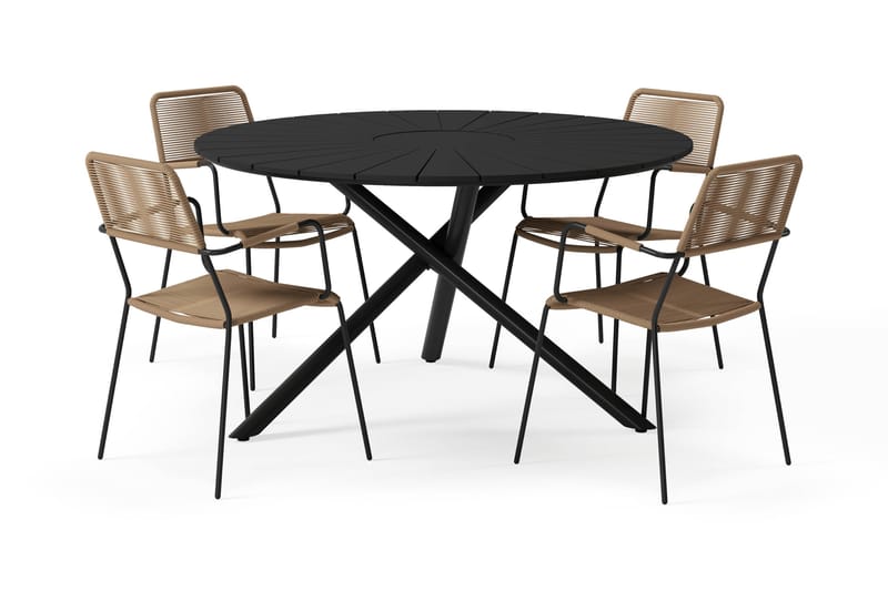 Finnhamn Matbord 140 cm Runt med 4 Lindos Matstolar - Svart - Utemöbler - Utegrupp - Matgrupp utomhus