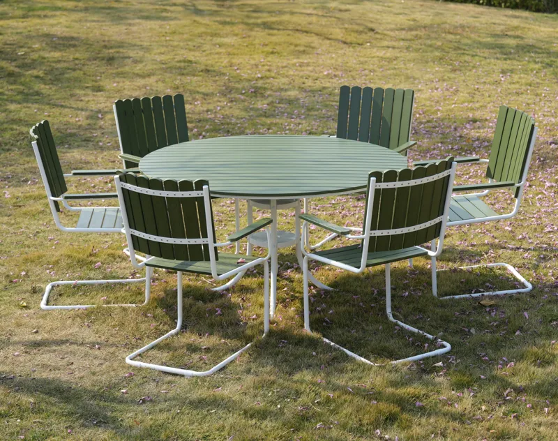 Glänta rund matgrupp utomhus | 6 stolar & Ø135 cm bord | Grön/vit, undefined