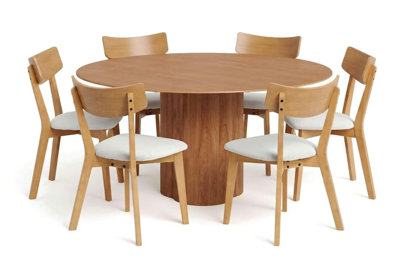 Juno Matgrupp 150 cm runt i Ek med 6 Amelia Matstolar med Dyna - Ek/Beige - Utemöbler - Utegrupp - Matgrupp utomhus