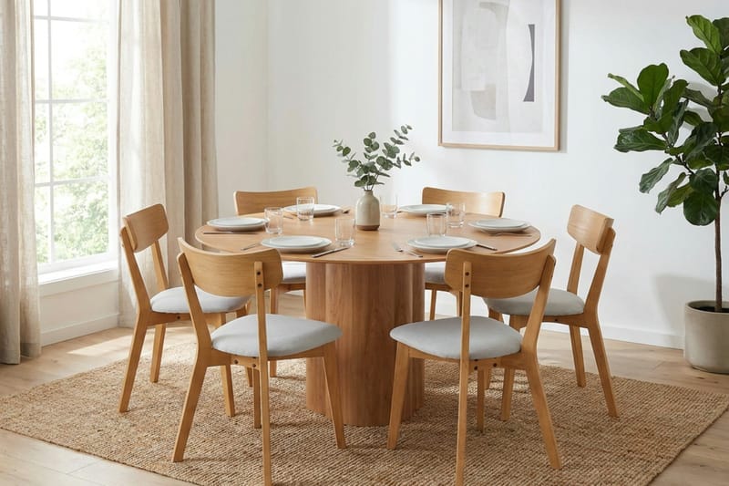 Juno Matgrupp 150 cm runt i Ek med 6 Amelia Matstolar med Dyna - Ek/Beige - Utemöbler - Utegrupp - Matgrupp utomhus