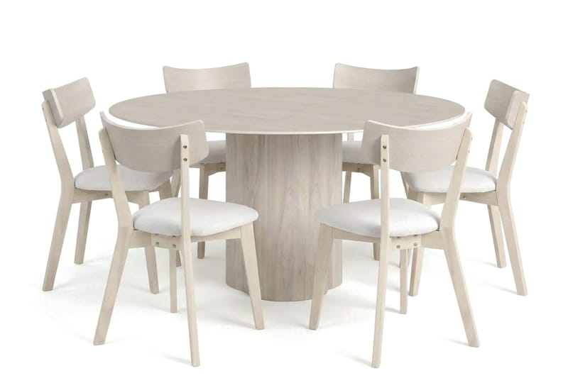 Juno Matgrupp 150 cm runt Vitlaserad med 6 Amelia Matstolar med Dyna - Vitlaserad/Beige - Utemöbler - Utegrupp - Matgrupp utomhus