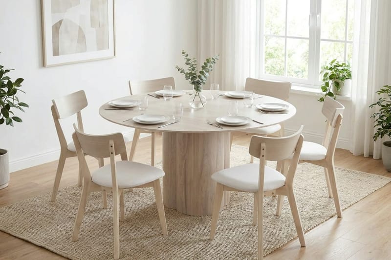 Juno Matgrupp 150 cm runt Vitlaserad med 6 Amelia Matstolar med Dyna - Vitlaserad/Beige - Utemöbler - Utegrupp - Matgrupp utomhus