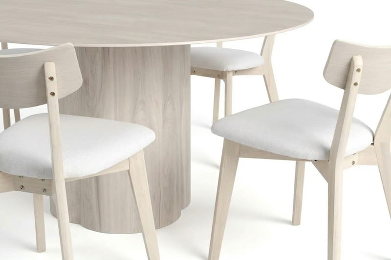 Juno Matgrupp 150 cm runt Vitlaserad med 6 Amelia Matstolar med Dyna - Vitlaserad/Beige - Utemöbler - Utegrupp - Matgrupp utomhus