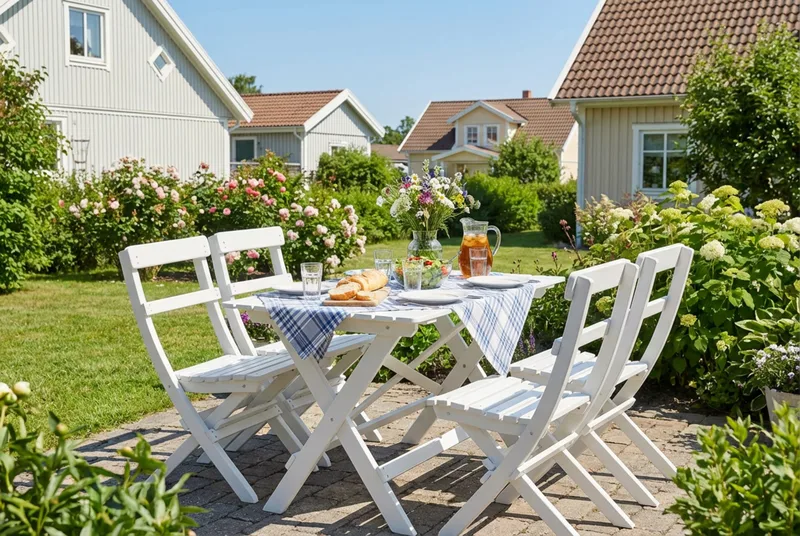 Landet Utomhus matgrupp 118x70x74 cm med 4 klappstolar - Vit - Utemöbler - Utegrupp - Matgrupp utomhus