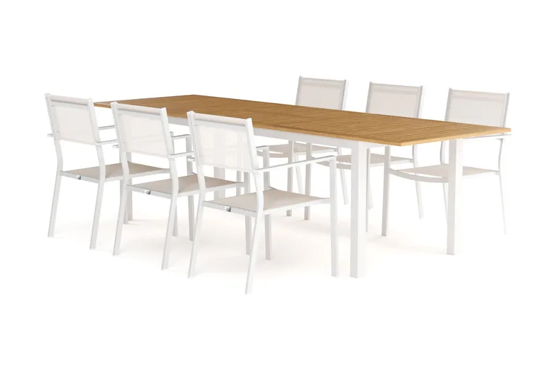 Las Vegas Förlängningsbart Matbord 220-280 cm med 6 Las Vegas Karmstolar - Natur/Vit - Utemöbler - Utegrupp - Matgrupp utomhus