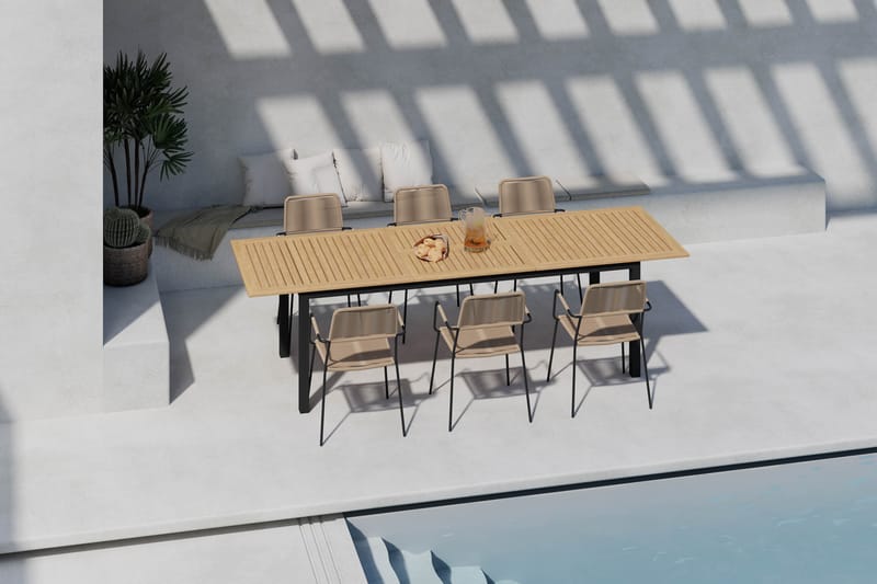 Las Vegas Förlängningsbart Matbord 220-280 cm med 6 Lindos Matstolar - Brun/Svart - Utemöbler - Utegrupp - Matgrupp utomhus