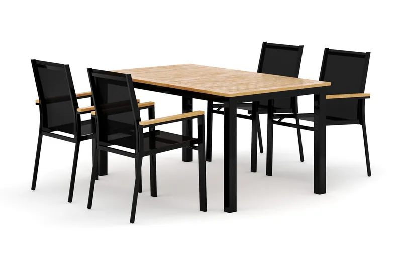 Las Vegas utomhus matgrupp förlängningsbart 152-210x90 cm med 4 Las Vegas stapelstolar, Svart