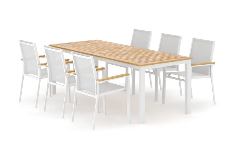 Las Vegas utomhus matgrupp förlängningsbart 220x280x100 cm med 6 Las Vegas stapelstolar, Vit