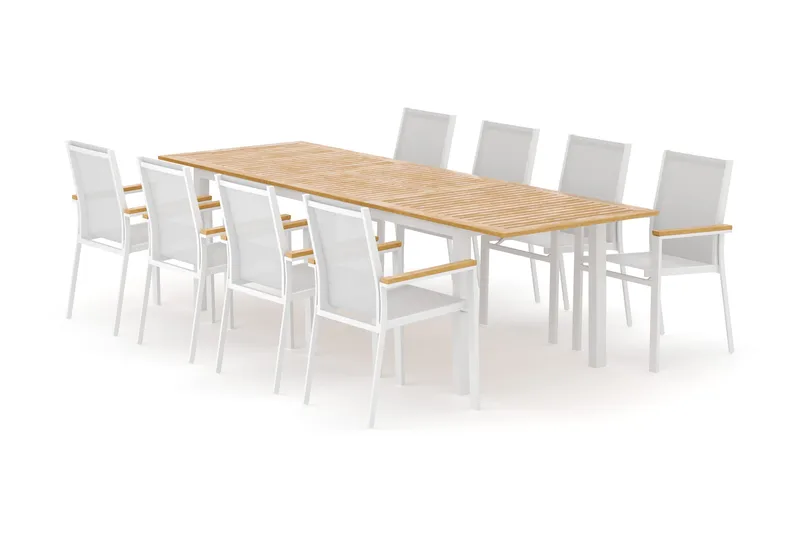 Las Vegas utomhus matgrupp förlängningsbart 220x280x100 cm med 8 Las Vegas stapelstolar, Vit