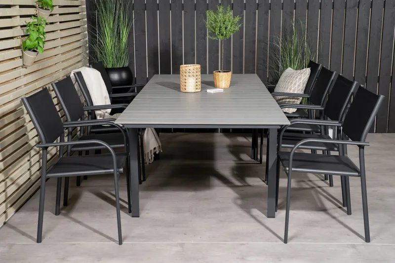 Levels Förlängningsbar Matgrupp Utomhus 160cm + 8 Santorini Utestolar S - Grå/Svart - Utemöbler - Utegrupp - Matgrupp utomhus