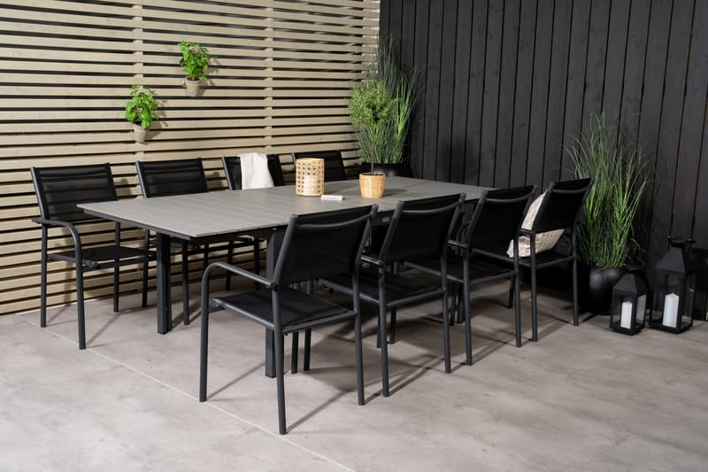 Levels Förlängningsbar Matgrupp Utomhus 160cm + 8 Santorini Utestolar S - Grå/Svart - Utemöbler - Utegrupp - Matgrupp utomhus