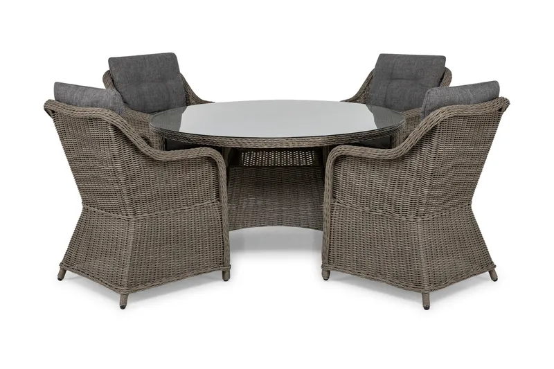 Marcus Matgrupp 140 Rund + 4 Fåtöljer m Dyna - Grå - Utemöbler - Utegrupp - Matgrupp utomhus
