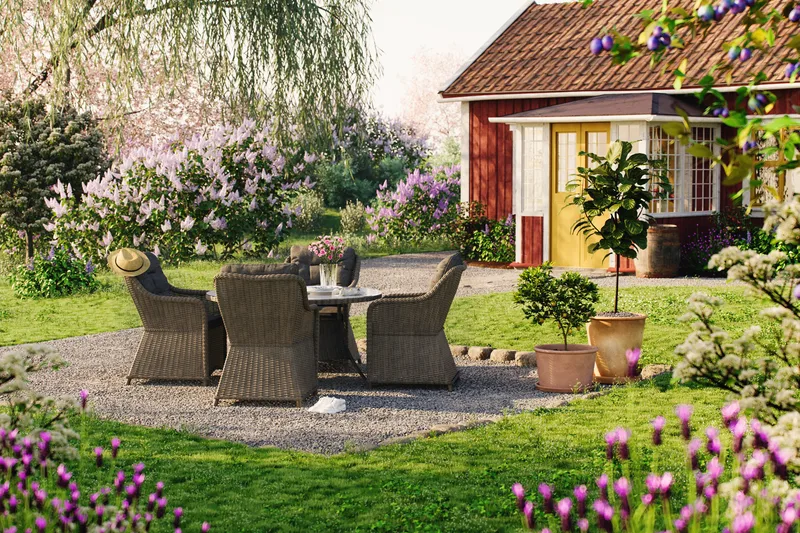 Marcus Matgrupp 140 Rund + 4 Fåtöljer m Dyna - Grå - Utemöbler - Utegrupp - Matgrupp utomhus