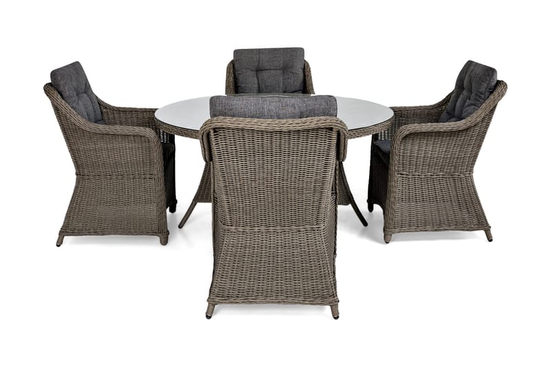 Marcus Matgrupp 140 Rund + 4 Fåtöljer m Dyna - Grå - Utemöbler - Utegrupp - Matgrupp utomhus