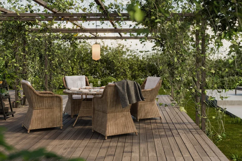 Marcus Matgrupp 140 Rund + 4 Fåtöljer m Dyna - Natur - Utemöbler - Utegrupp - Matgrupp utomhus