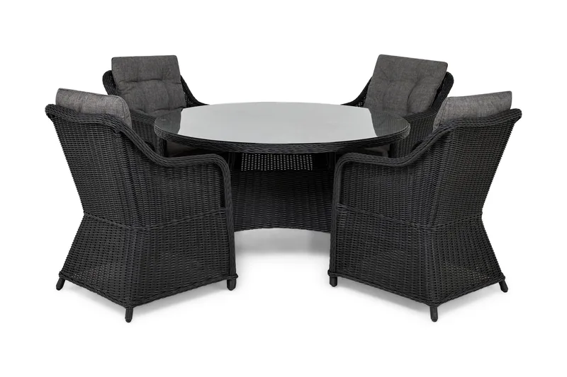 Marcus Matgrupp 140 Rund + 4 Fåtöljer m Dyna - Svart - Utemöbler - Utegrupp - Matgrupp utomhus