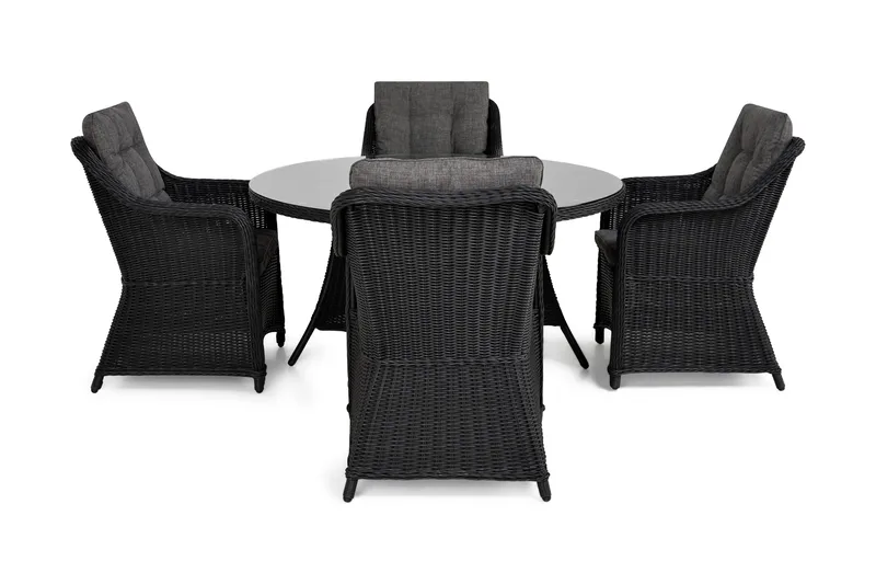 Marcus Matgrupp 140 Rund + 4 Fåtöljer m Dyna - Svart - Utemöbler - Utegrupp - Matgrupp utomhus