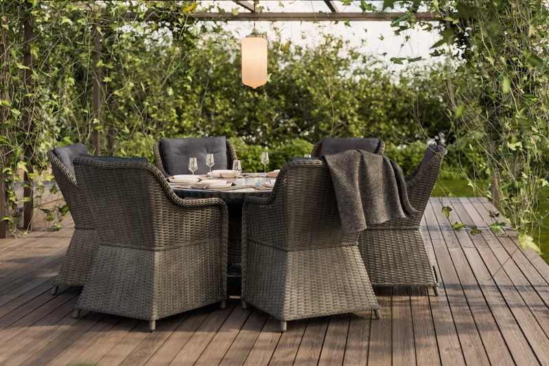 Marcus Matgrupp 140 Rund + 6 Fåtöljer m Dyna - Grå - Utemöbler - Utegrupp - Matgrupp utomhus