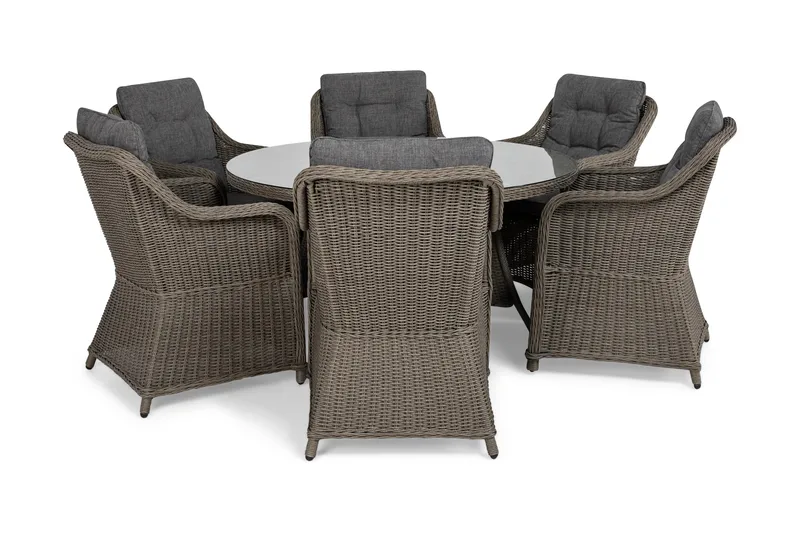 Marcus Matgrupp 140 Rund + 6 Fåtöljer m Dyna - Grå - Utemöbler - Utegrupp - Matgrupp utomhus