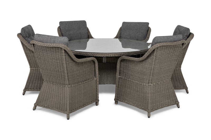 Marcus Matgrupp 140 Rund + 6 Fåtöljer m Dyna - Grå - Utemöbler - Utegrupp - Matgrupp utomhus