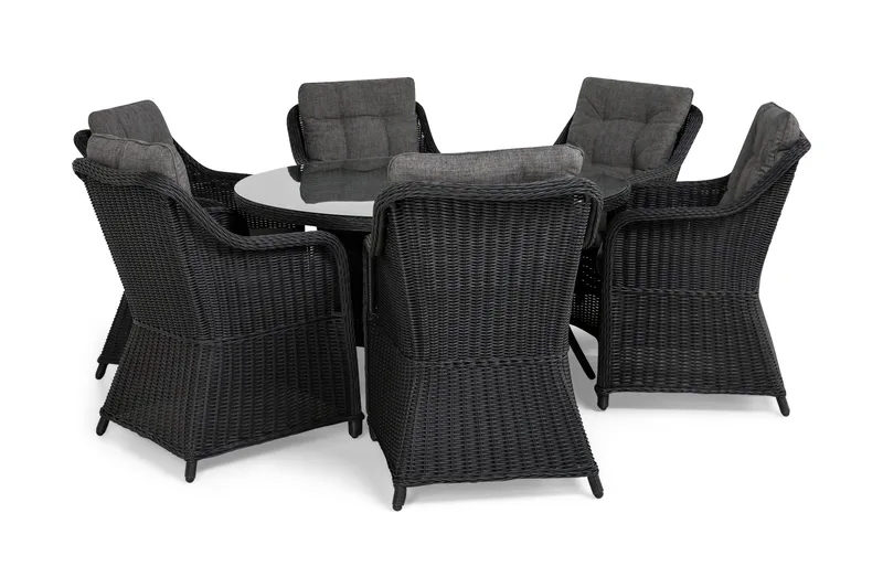 Marcus Matgrupp 140 Rund + 6 Fåtöljer m Dyna - Svart - Utemöbler - Utegrupp - Matgrupp utomhus