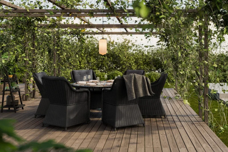 Marcus Matgrupp 140 Rund + 6 Fåtöljer m Dyna - Svart - Utemöbler - Utegrupp - Matgrupp utomhus