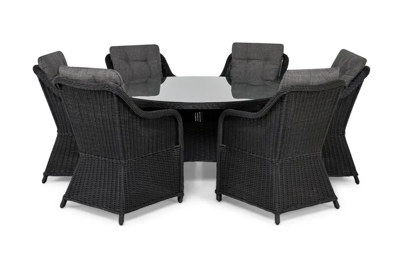 Marcus Matgrupp 140 Rund + 6 Fåtöljer m Dyna - Svart - Utemöbler - Utegrupp - Matgrupp utomhus