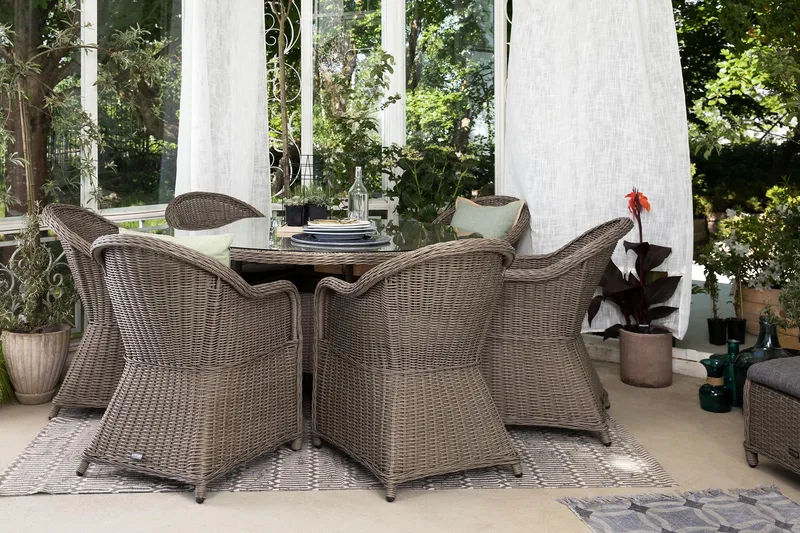 Marcus Matgrupp 140 Rund + 6 Light Fåtöljer m Dyna - Grå - Utemöbler - Utegrupp - Matgrupp utomhus