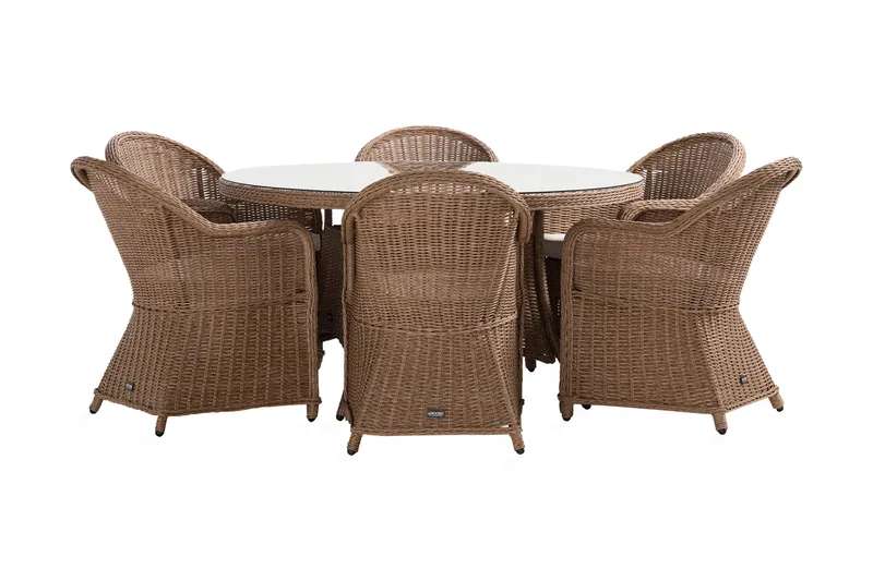 Marcus Matgrupp 140 Rund + 6 Light Fåtöljer m Dyna - Natur - Utemöbler - Utegrupp - Matgrupp utomhus