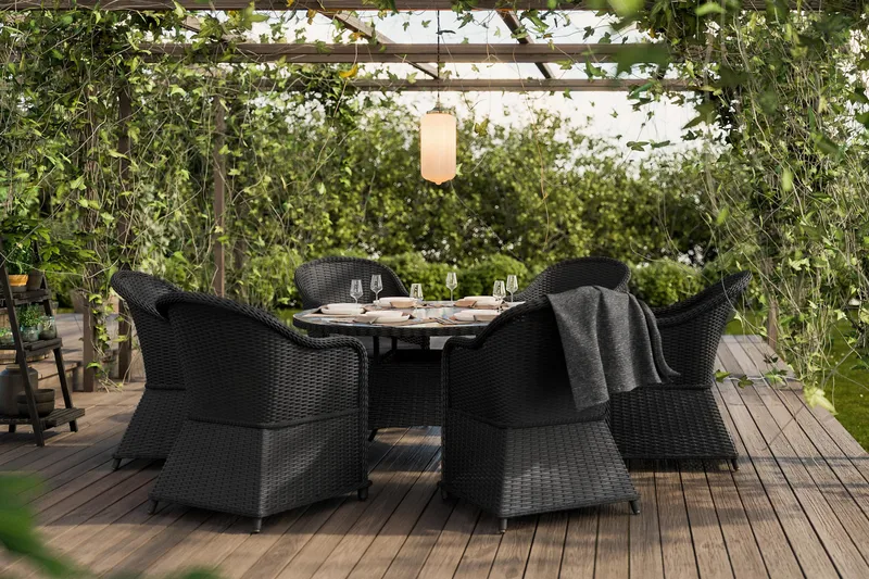 Marcus Matgrupp 140 Rund + 6 Light Fåtöljer m Dyna - Svart - Utemöbler - Utegrupp - Matgrupp utomhus
