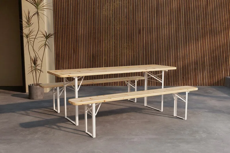 Matgrupp Guiness 200 cm med 2 Bänkar Utomhus, Teaklook, beige stomme