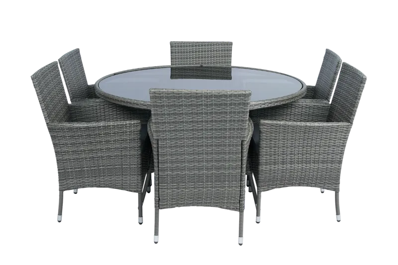 Matgrupp Tylösand Grå – 6 platser | Runt bord Ø135 cm & 6 stolar med dynor, undefined