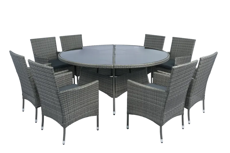 Matgrupp Tylösand grå – 8 platser | Runt bord Ø170 cm & 8 stolar med dynor - Utemöbler - Utegrupp - Matgrupp utomhus