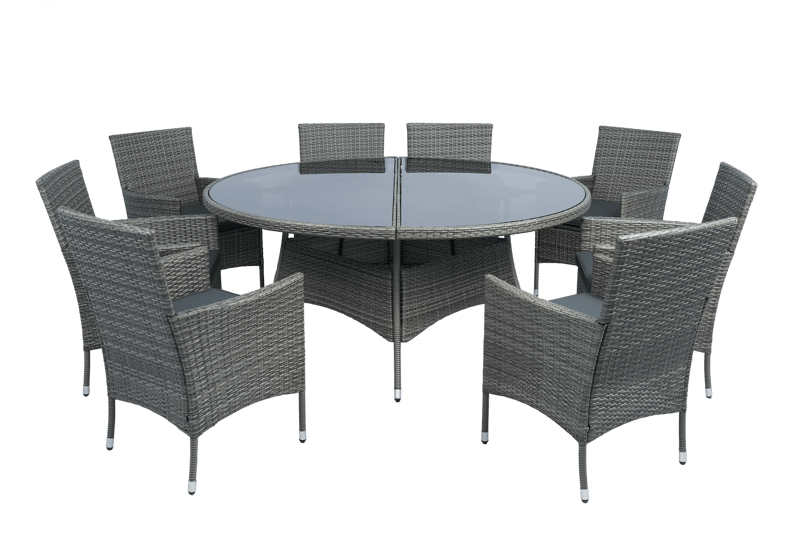 Matgrupp Tylösand grå – 8 platser | Runt bord Ø170 cm & 8 stolar med dynor, undefined