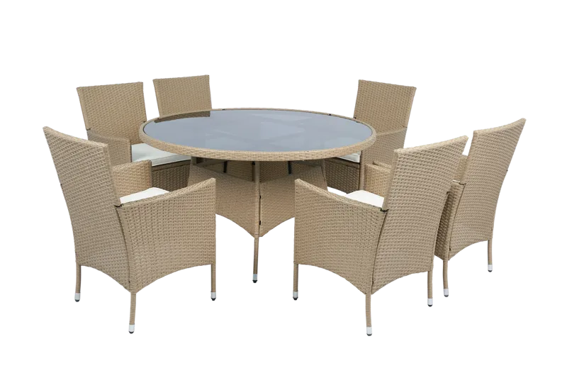 Matgrupp Tylösand Natur – 6 platser | Runt bord Ø135 cm & 6 stolar med dynor, undefined