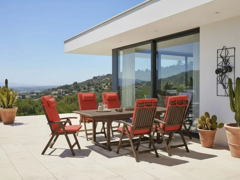 Matgrupp utomhus 6-Sits Amantea Premium Akaciaträ - Brun/Röd - Utemöbler - Utegrupp - Matgrupp utomhus