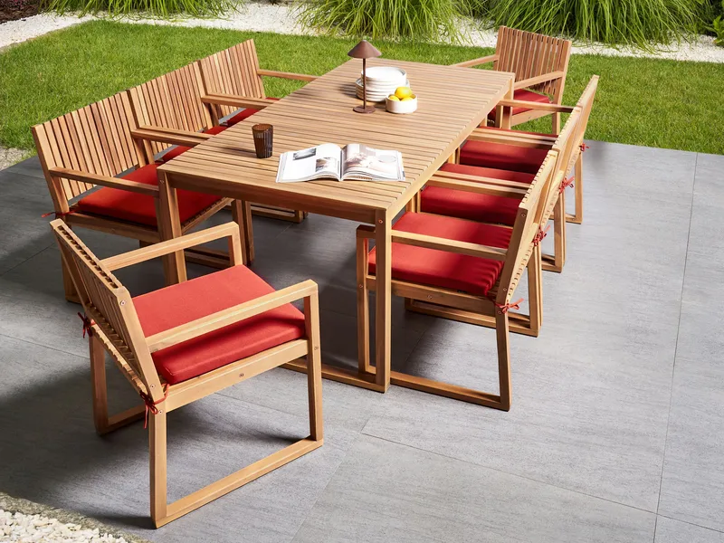 Matgrupp utomhus 8-Sits Sassari Premium med Kuddar Akaciaträ - Brun/Röd - Utemöbler - Utegrupp - Matgrupp utomhus