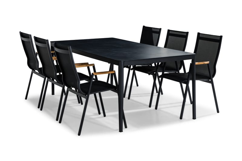 Alex Matgrupp Utomhus 200x100 + 6 Las Vegas Karmstol - Svart/Grå Stenlook/Teak - Utemöbler - Utegrupp - Matgrupp utomhus