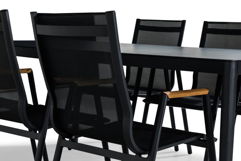 Alex Matgrupp Utomhus 200x100 + 6 Las Vegas Karmstol - Svart/Grå Stenlook/Teak - Utemöbler - Utegrupp - Matgrupp utomhus