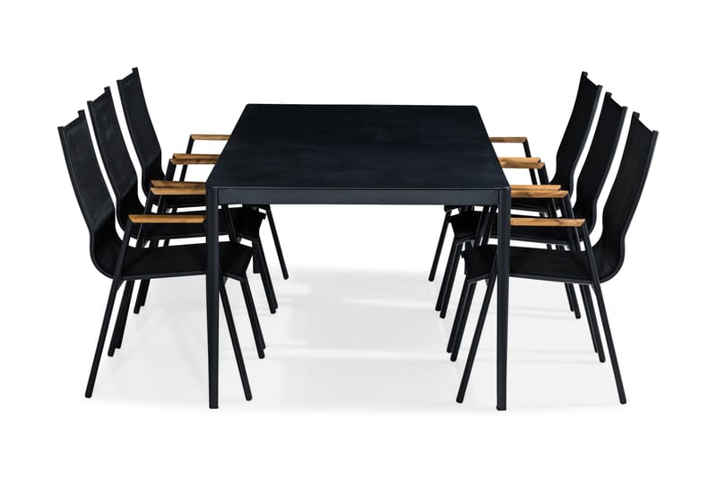 Alex Matgrupp Utomhus 200x100 + 6 Las Vegas Karmstol - Svart/Grå Stenlook/Teak - Utemöbler - Utegrupp - Matgrupp utomhus