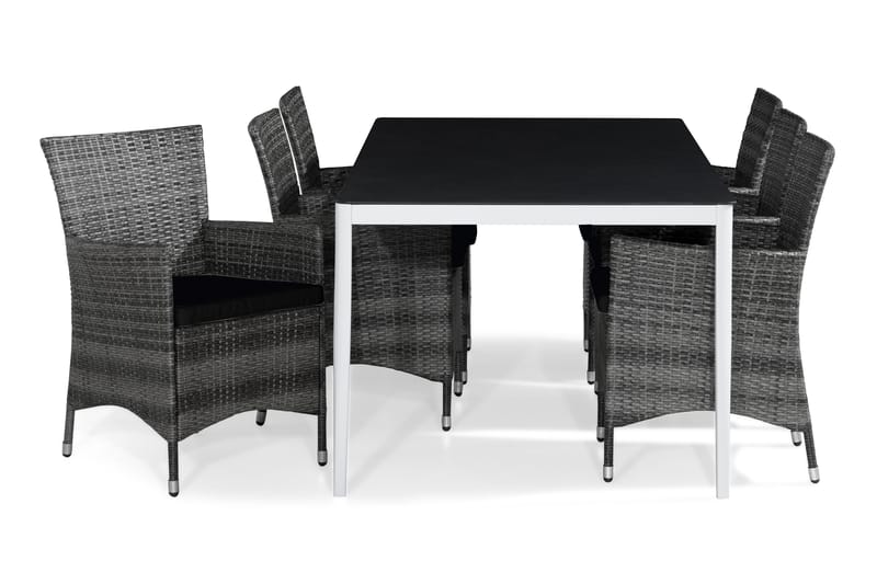 Alex Matgrupp Utomhus 200x100 + 6 Thor Fåtölj m Dyna - Vit/Grå Stenlook/Svart - Utemöbler - Utegrupp - Matgrupp utomhus
