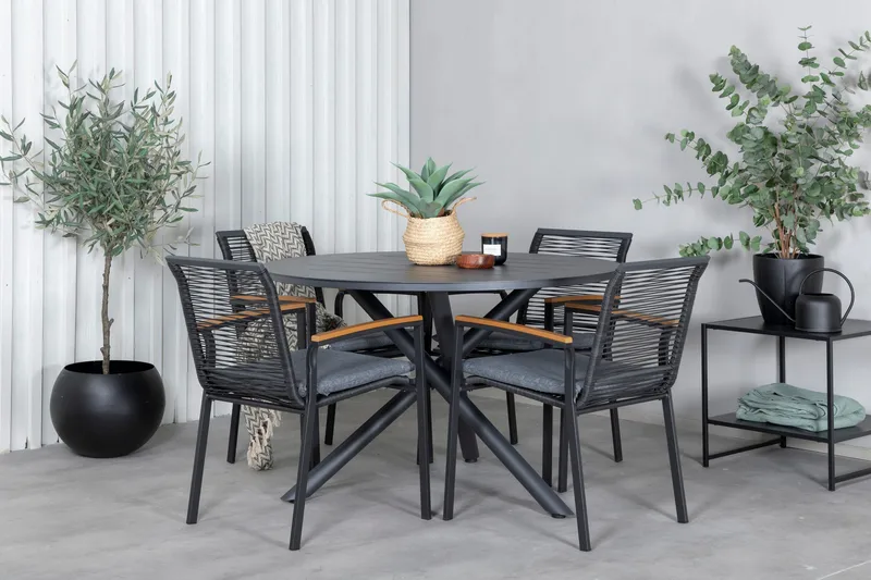 Alma Matgrupp Utomhus Rund Ø120cm + 4 Dallas Matstolar - Svart - Utemöbler - Utegrupp - Matgrupp utomhus