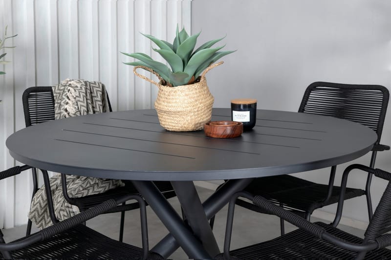 Alma Matgrupp Utomhus Rund Ø120cm + 4 Lindos Karmstolar - Brun/Vit - Utemöbler - Utegrupp - Matgrupp utomhus