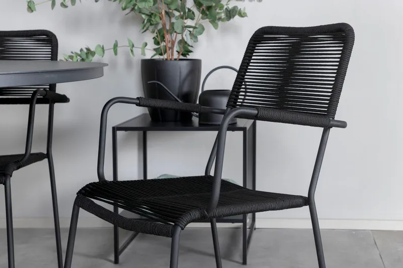 Alma Matgrupp Utomhus Rund Ø120cm + 4 Lindos Karmstolar - Brun/Vit - Utemöbler - Utegrupp - Matgrupp utomhus