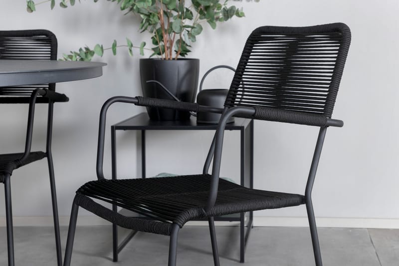 Alma Matgrupp Utomhus Rund Ø120cm + 4 Lindos Karmstolar - Brun/Vit - Utemöbler - Utegrupp - Matgrupp utomhus