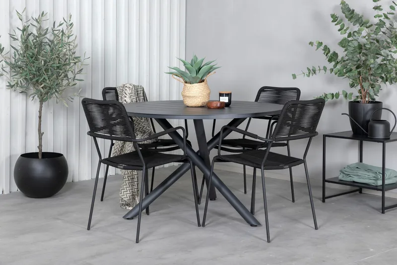 Alma Matgrupp Utomhus Rund Ø120cm + 4 Lindos Karmstolar - Brun/Vit - Utemöbler - Utegrupp - Matgrupp utomhus